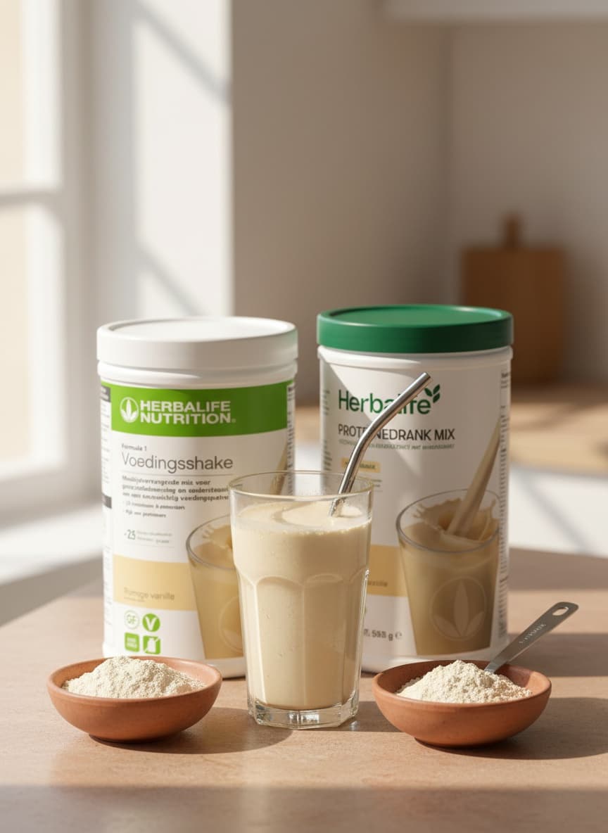 Herbalife Formula 1 Romige Vanille en Proteïnedrank mix naast elkaar op een aanrecht, met een vanilleshake en twee schaaltjes poeder