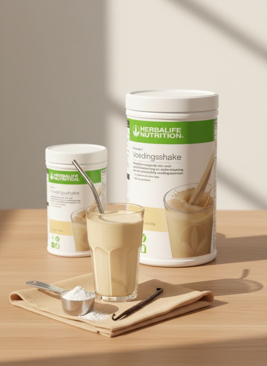 Herbalife Formula 1 Romige Vanille 780 gram naast de 550 gram-verpakking, met een glas vanilleshake