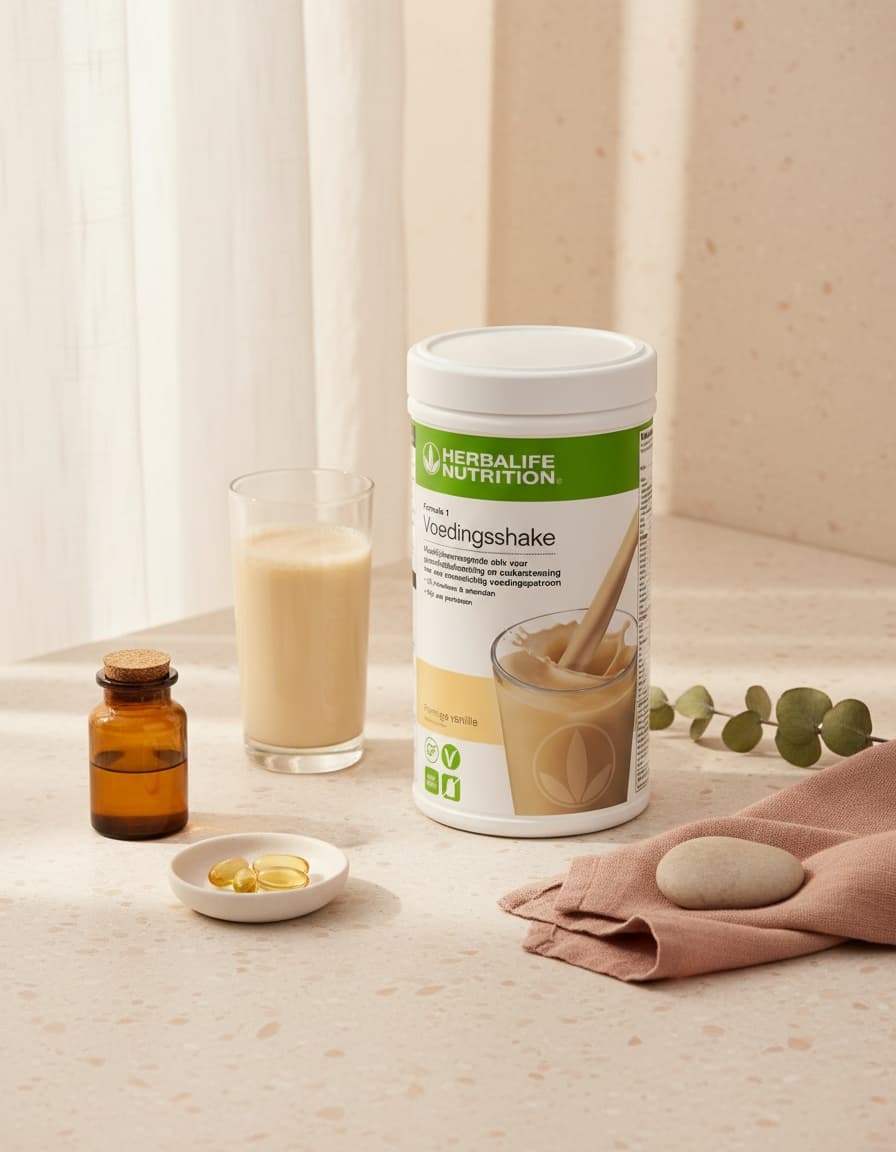 Herbalife shake met omega-3 en gedroogde lavendel op een rustige crème ondergrond.